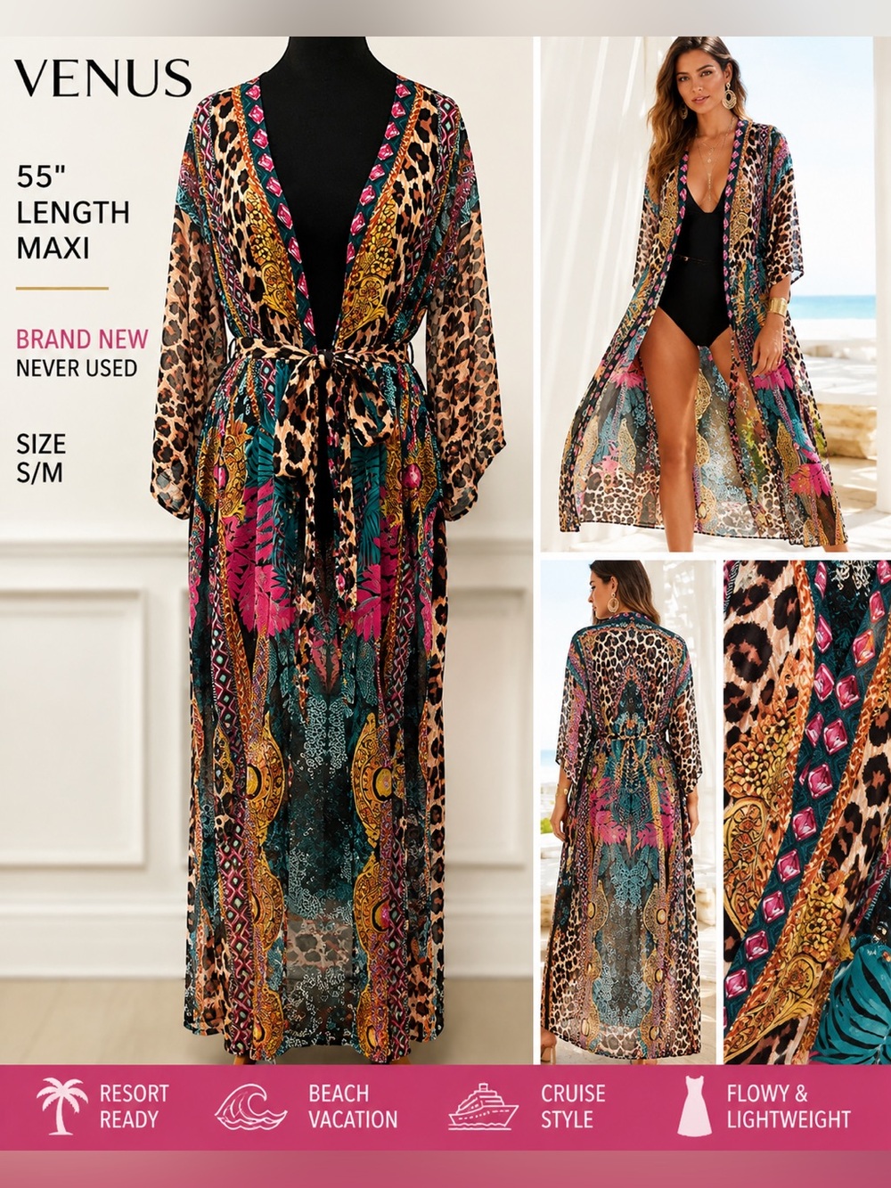 VENUS Mixed Print Leopard Maxi Kimono Duster Cover Up NWT - Picture 6 of 14